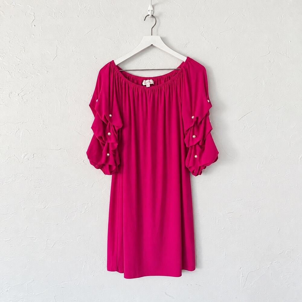 Ivy Road Hot Pink Pearl Ruffle Sleeve Shift Dress L Barbiecore Coquette
